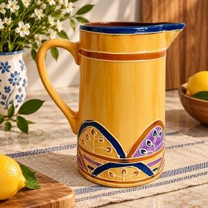 Vintage 1999 Block Basics Canyon Ceramic Pitcher 8” Multicolored Pottery Jug